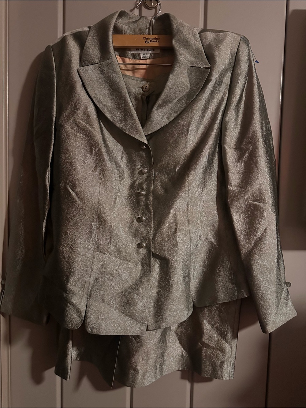 ALBERT NIPON Silver Skirt Suit 12P Two Piece Pink  Lining EUC Vintage